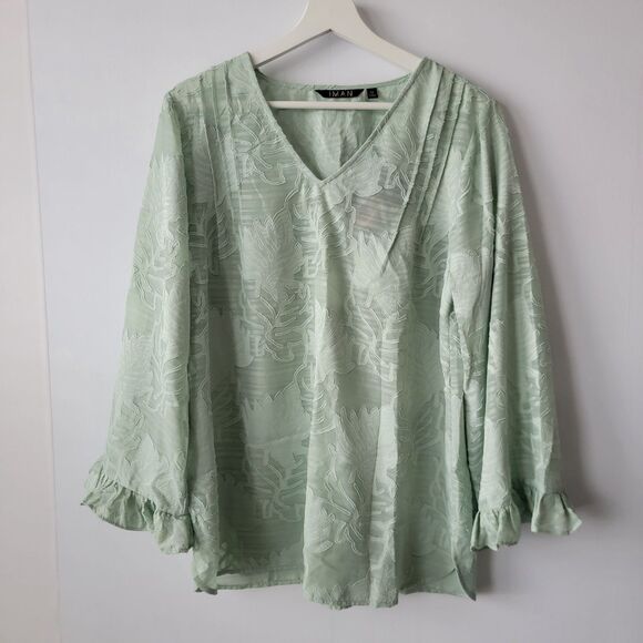 Iman womens Floral Burnout Tunic top size M with Ruffle Cuffs Chic long sleeve - Picture 1 of 8